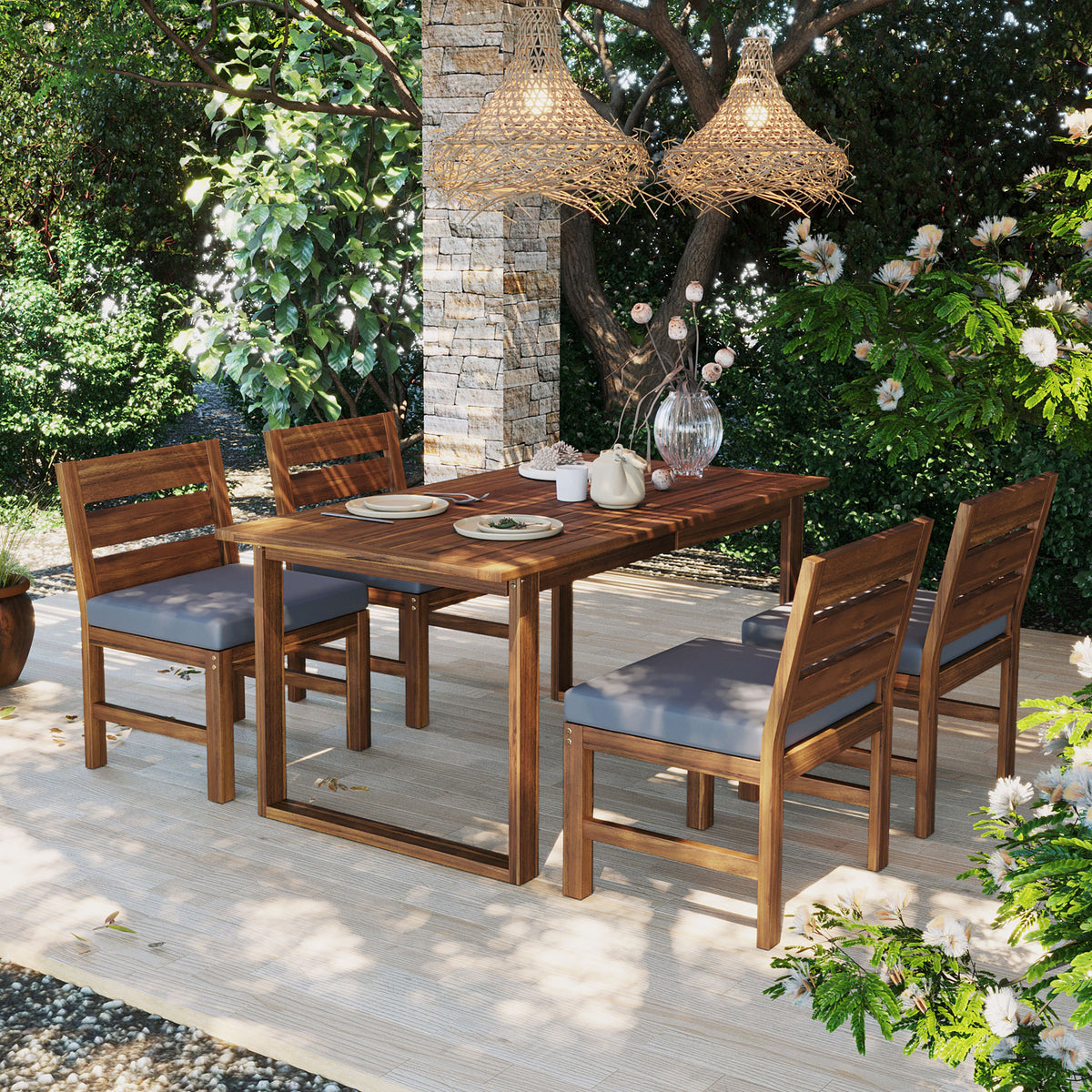 variant-group:rf-n711wy000497aae|Roomfitters Farmhouse 5-Piece Outdoor Dining Set for 4, Acacia Wood Table and Chair Pack, Brown and Grey Slatted