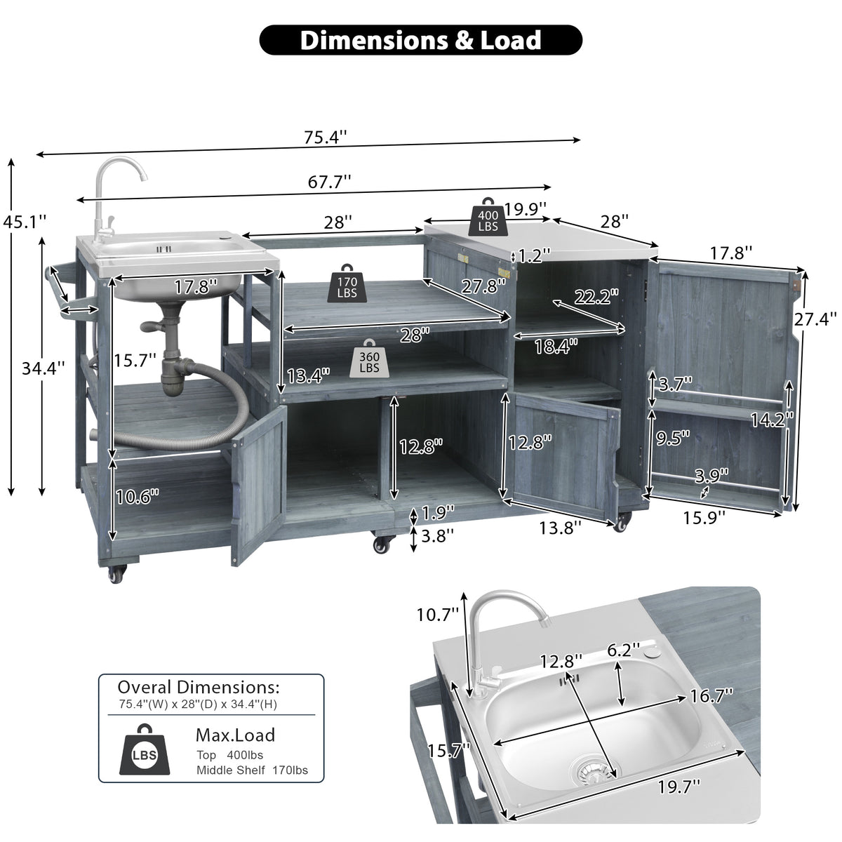 variant-group:rf-n707s000022g|Roomfitters 75.4" Outdoor Kitchen Island with Sink, Fir Wood Grill Cart for XL Green Egg & Tabletop Grills, Grey Blue