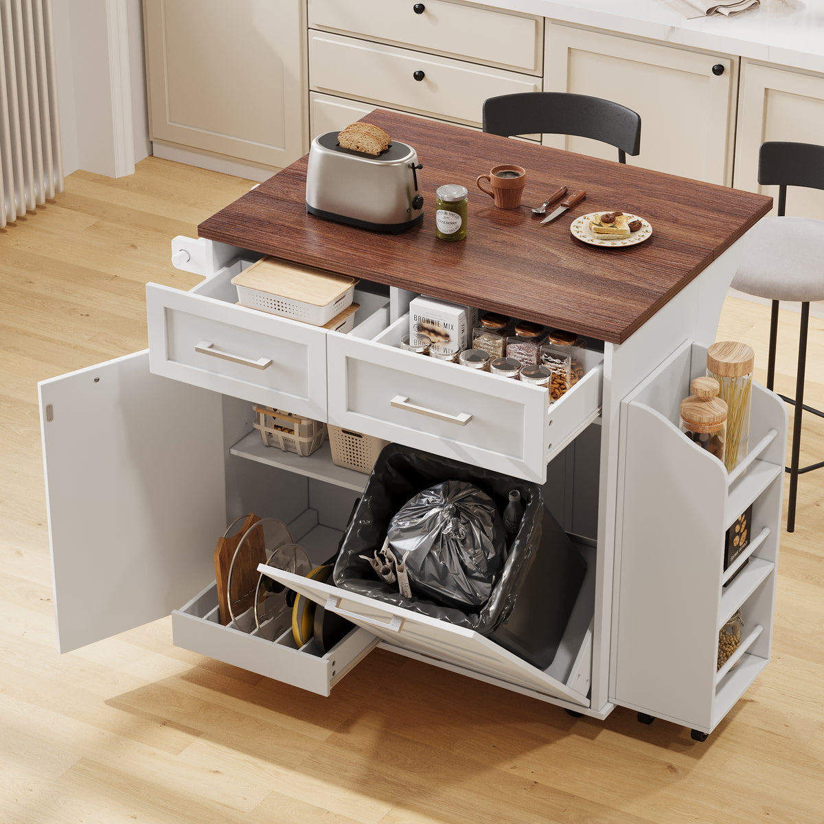 variant-group:rf-n707p307296w|Roomfitters 47.2" Farmhouse Kitchen Island with Drop Leaf, Tilt Trash Can Cabinet, Removable Mobile Side Racks, White