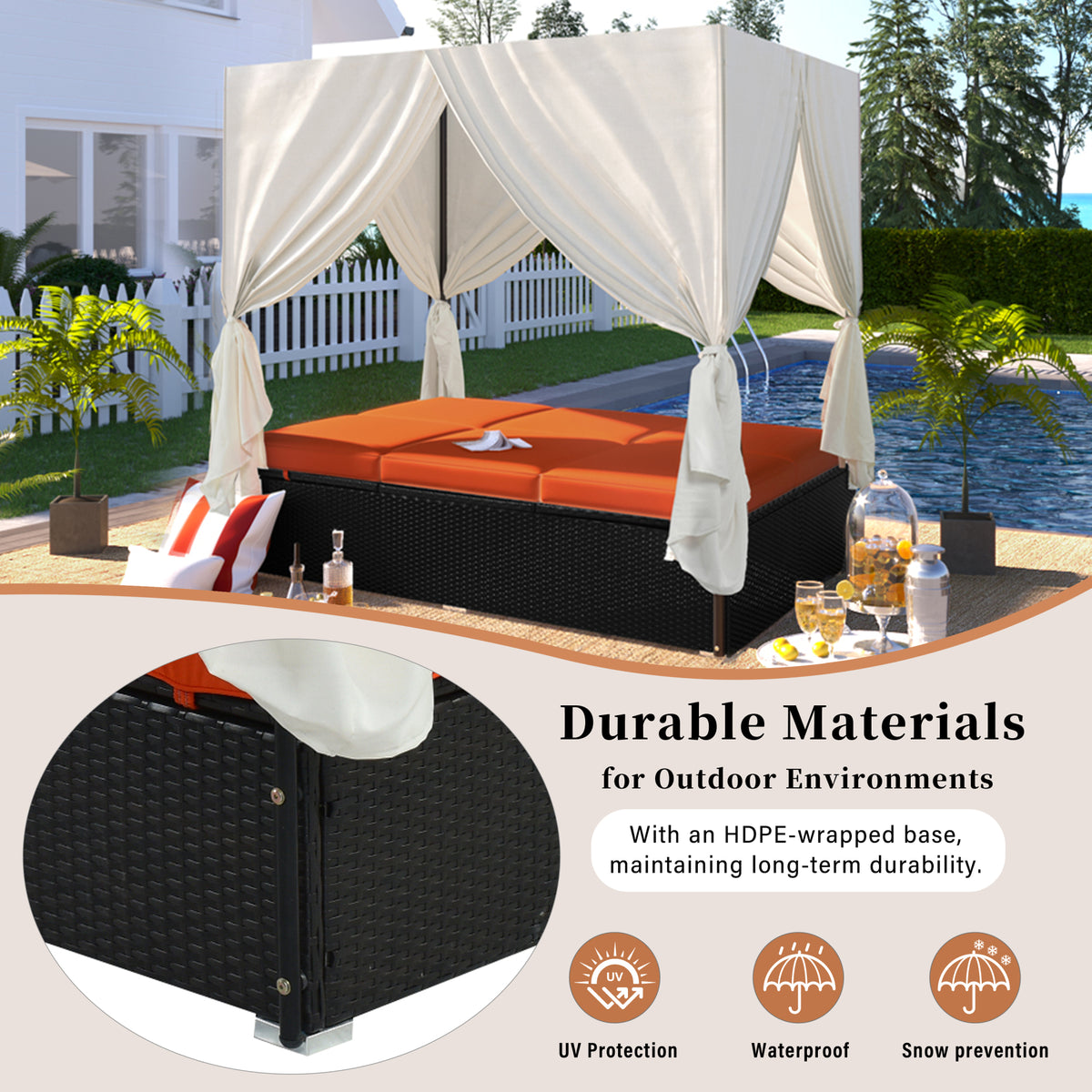 variant-group:rf-n711wy000476aao|Roomfitters Luxury Cabana Vibrant Orange Outdoor Double Chaise Lounge Patio Daybed, Curtains, Adjustable Reclining