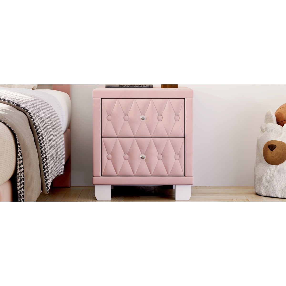 variant-group:rf-n733p210398h|Roomfitters Velvet Nightstand with Crystal Handles, Button-Tufted Upholstered Bedside Table with Two Storage Compartments, Pink