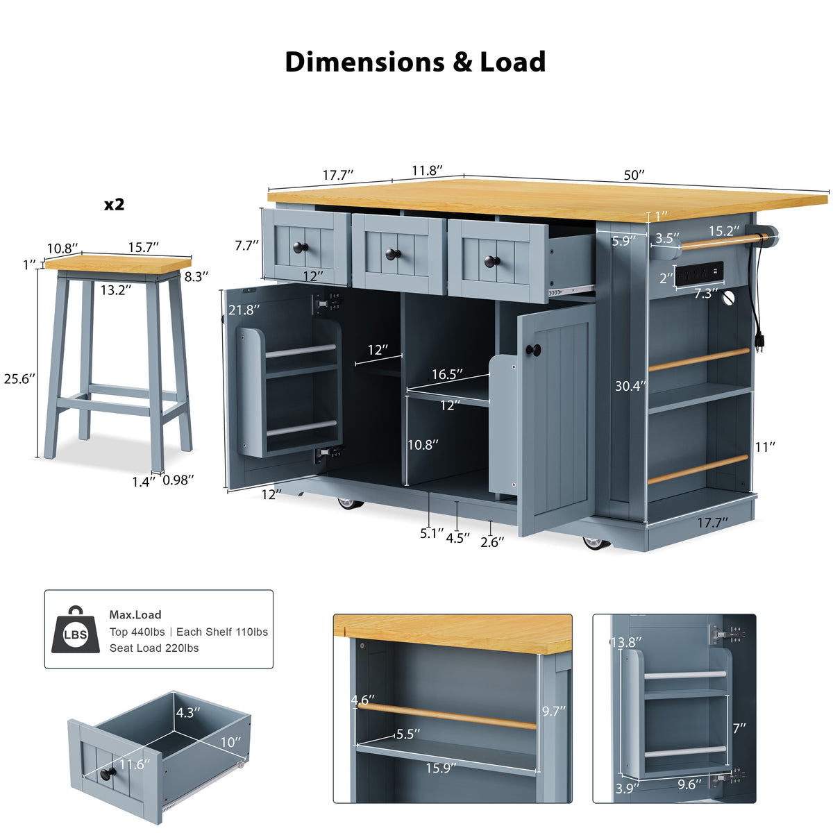 variant-group:rf-n707s003007g|Roomfitters 53" Kitchen Island with 2 Bar Stools, Drop Leaf, Power Outlet, Rolling Kitchen Cart Set with Storage, Grey-Blue