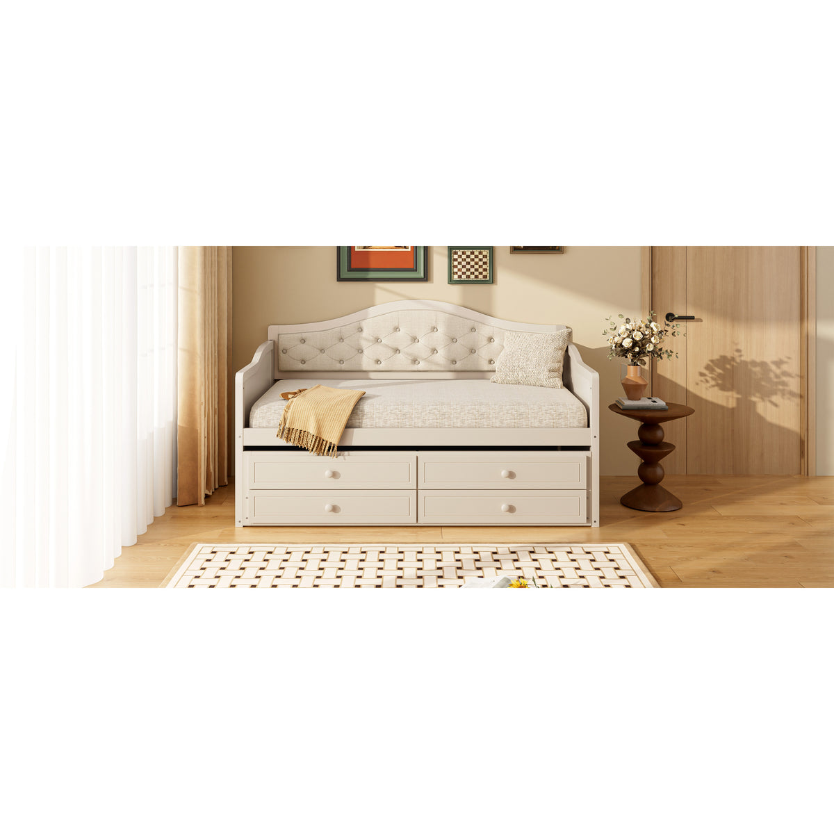 variant-group:rf-n733s346767a|Roomfitters Twin Daybed with Trundle, Wooden Sofa Bed with 2 Storage Drawers & Tufted Backrest, Beige