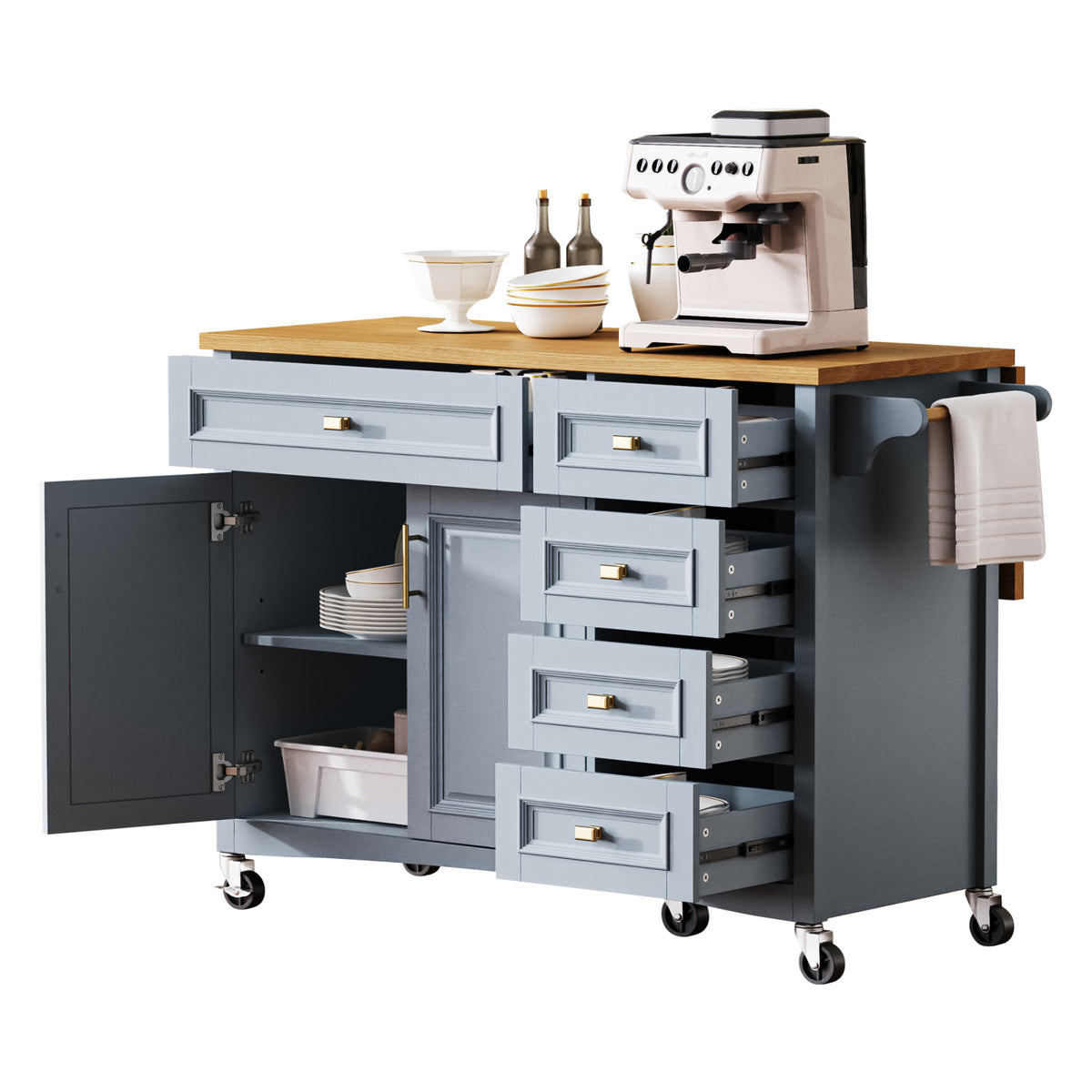 variant-group:rf-n707p195393g|Roomfitters 52" Kitchen Island with Drop Leaf, Rolling Kitchen Cart with Storage Cabinet, Spice Rack, Towel Rack, Adjustable Shelf, Blue Grey