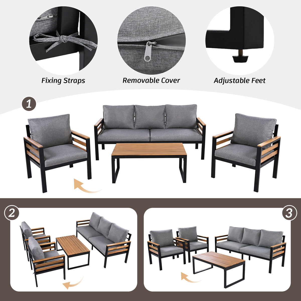 variant-group:rf-n704f201246e|Roomfitters 4-Piece Outdoor Patio Furniture Set with 3-Seater Sofa, 2 Armchairs and Coffee Table, Wood Accents, Grey