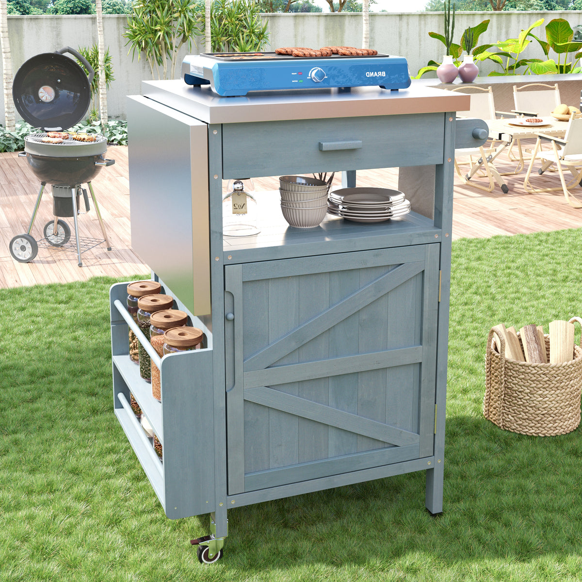 variant-group:rf-n707p228272g|Roomfitters 40.5" Outdoor Grill Cart with Stainless Steel Top, Wood Storage Cabinet, Drop Leaf, Rolling Cart, Blue Grey