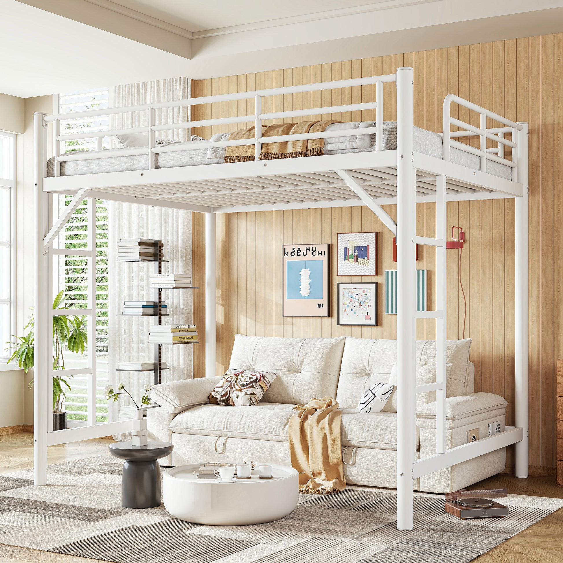variant-group:rf-w1580p455016|Roomfitters Full Size Metal Loft Bed Frame with Guardrails, Heavy Duty Space Saving High Loft Bed Dual Ladders, White