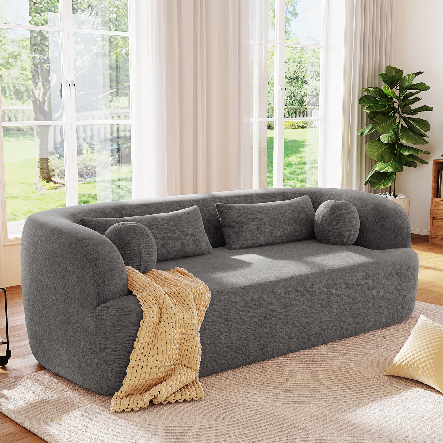 variant-group:rf-n723p404465e|Roomfitters 86 Inch Modern Curvy Sofa, 3-Seater Rounded Upholstered Couch with Plush Throw Pillows for Living Room, Gray