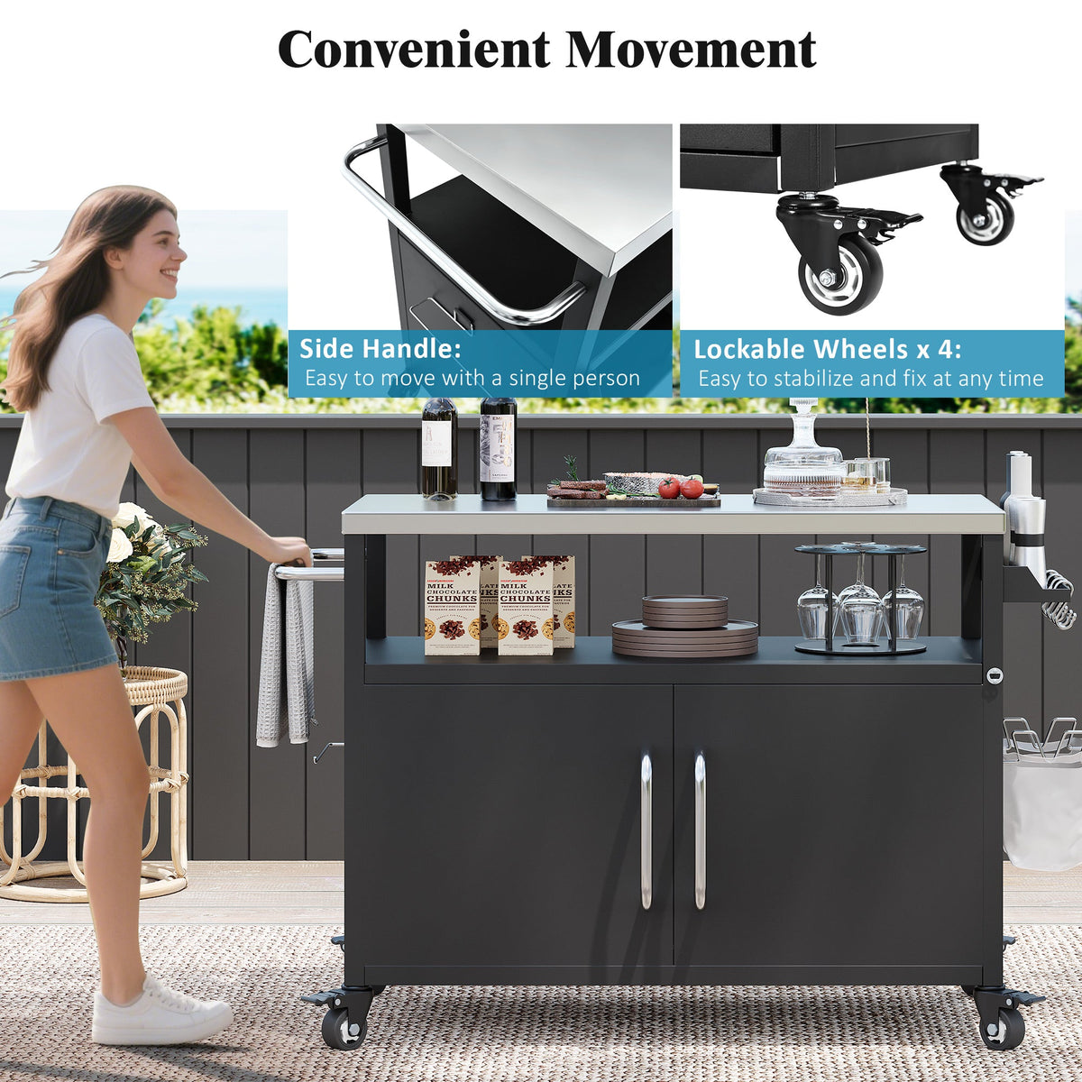 Roomfitters 54.5" Outdoor Kitchen Island with Stainless Steel Top, Rolling Grill Prep Cart with Propane Tank Storage, Black