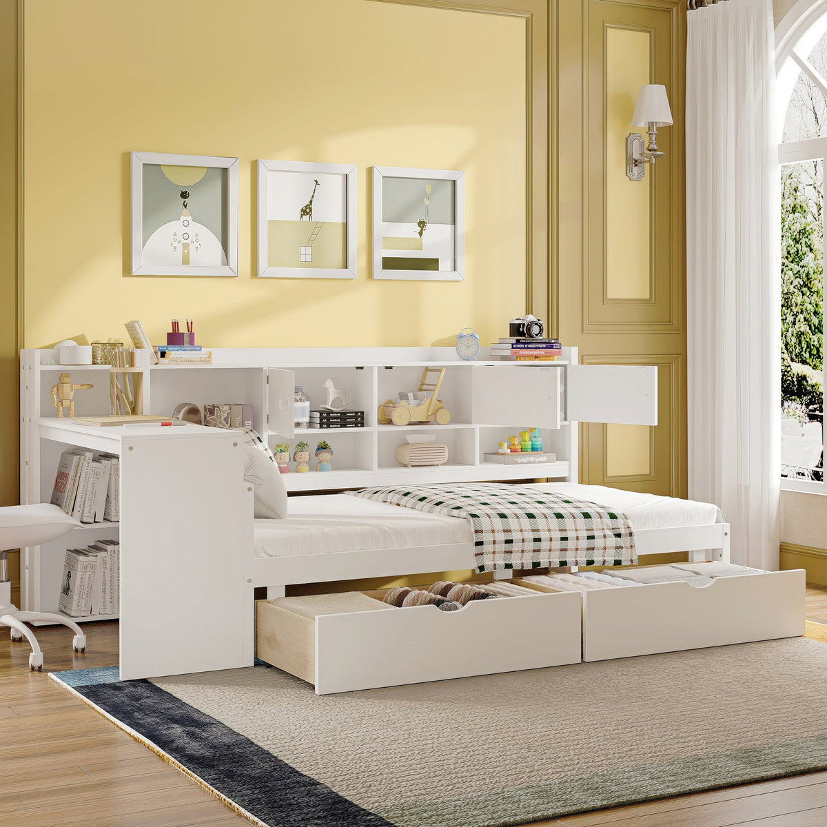 Roomfitters Wooden L-Shape Daybed with Storage Cabinets, Study Desk, Built-In Bookshelf, Space-Saving Platform Bed, White