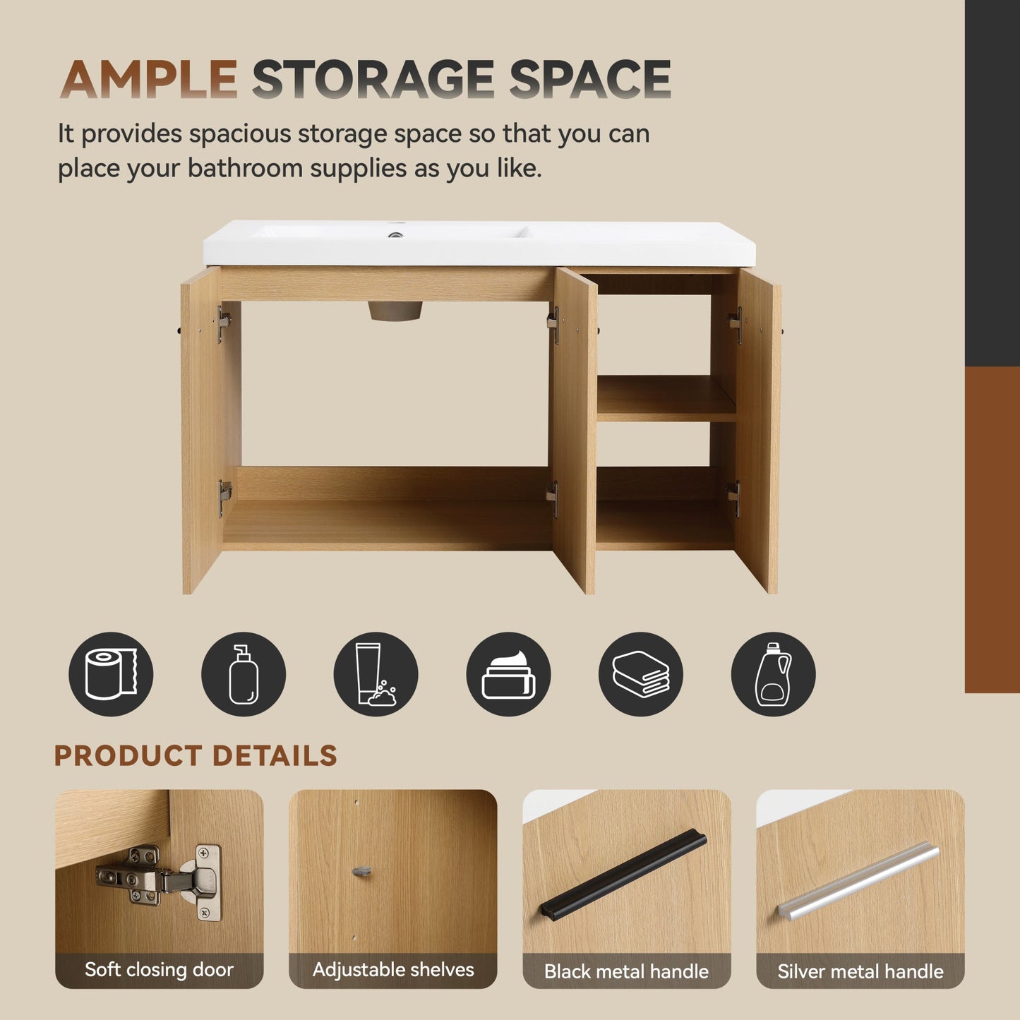 36" Wall-Mounted Floating Bathroom Vanity with Sink, Light Oak, 3-Door Modular Cabinet (2-Door + 1-Door), Gel Coat Integrated Sink Top, 3 Boxes, Ready-to-Assemble Roomfitters