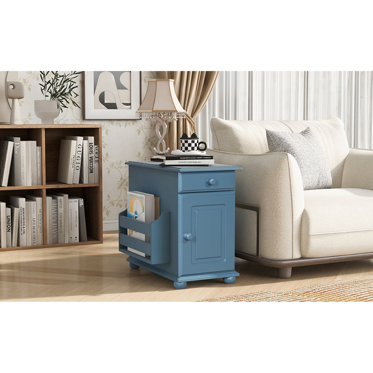 variant-group:rf-n724p293133m|Roomfitters Vintage Sofa Side Table with USB Ports, Flip Top, Cup Holders and Bookshelf Storage for Small Spaces, Navy Blue