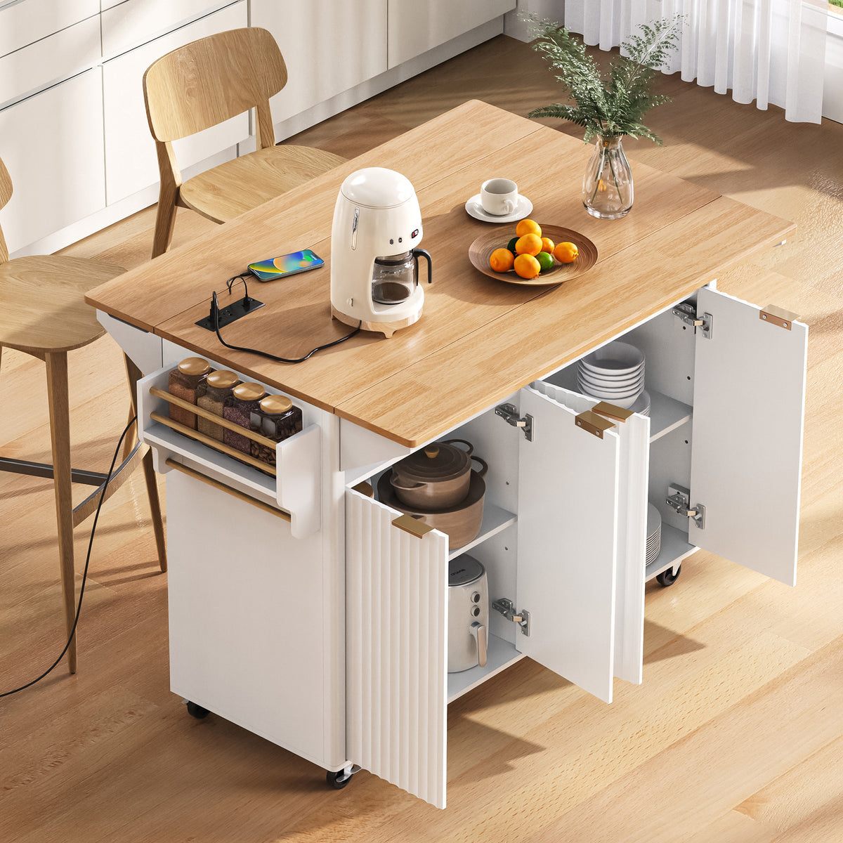 variant-group:rf-n707p353934w|Roomfitters 55.5" Fluted Kitchen Island with Double Drop Leaf, White Storage Cart with Power Outlet & Wood-grain Top