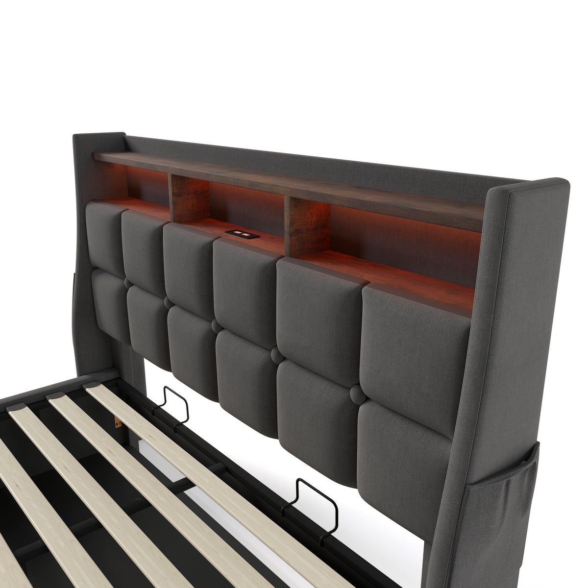 variant-group:rf-n736aa20690910g|Roomfitters Queen Size Upholstered Platform Bed with Storage System, USB Charging Ports, Grey