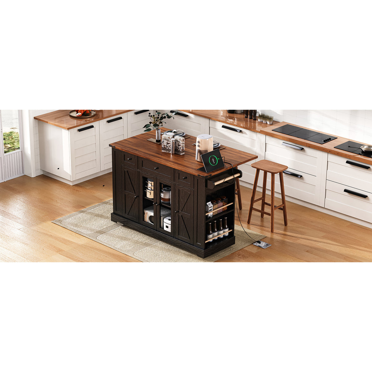 variant-group:rf-n707p263637b|Roomfitters 53" Rolling Kitchen Island with Drop Leaf, Mobile Cart with Glass Doors, 5 Side Shelves & Power Outlets, Black