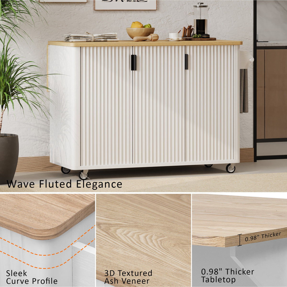 variant-group:rf-n707p221446w|Roomfitters 51" Fluted Kitchen Island with Drop Leaf, Rolling Cart with Storage Rack, Farmhouse Style, Towel Rack, White