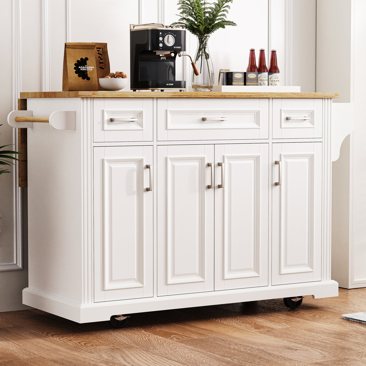 variant-group:rf-n707s195395w|Roomfitters 54" Kitchen Island with Wood Top, Rolling Storage Cabinet with 3 Drawers and 3 Doors, Spice Rack, White