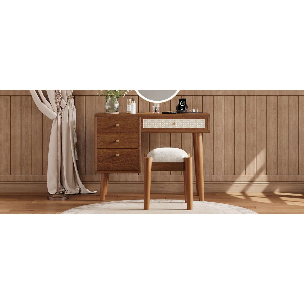 Roomfitters Wooden Nightstand with Two Storage Cabinets, End Table for Bedroom, White and Pink