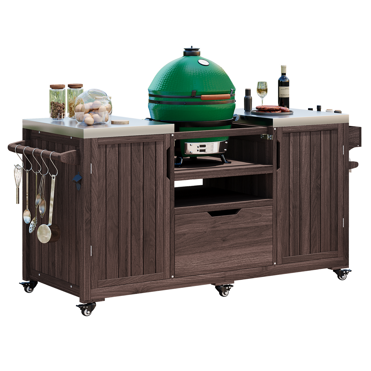 variant-group:rf-n707p250629z|Roomfitters 66.5" Outdoor Kitchen Island for Big Kamado Grills, Wood Grill Cart with Stainless Steel Top, Storage, Dark Brown