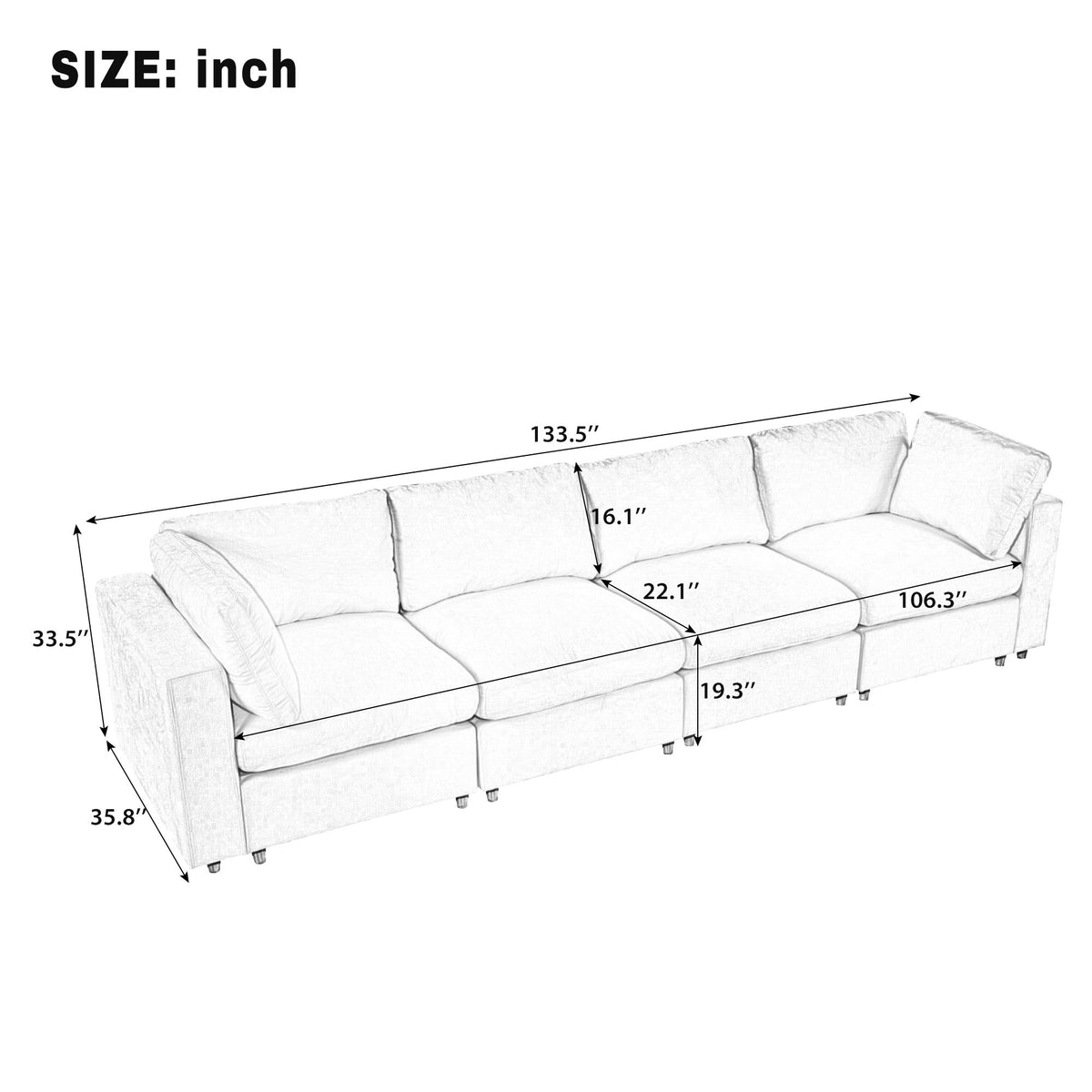 Roomfitters 133.5" Upholstered Modular Sectional Sofa with Storage Space and Built-in USB Charging for Living Room, Beige Roomfitters