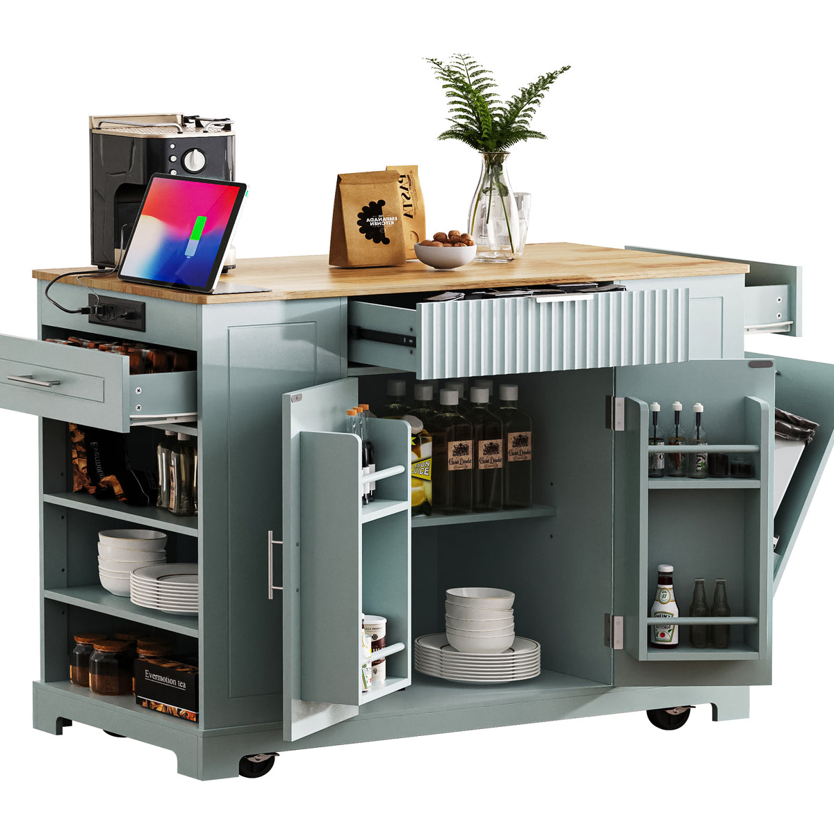 variant-group:rf-n707s221571g|Roomfitters Kitchen Island with Tilt Out Trash Can and Power Outlet, Fluted Storage Cabinet on Wheels, Grey+Blue