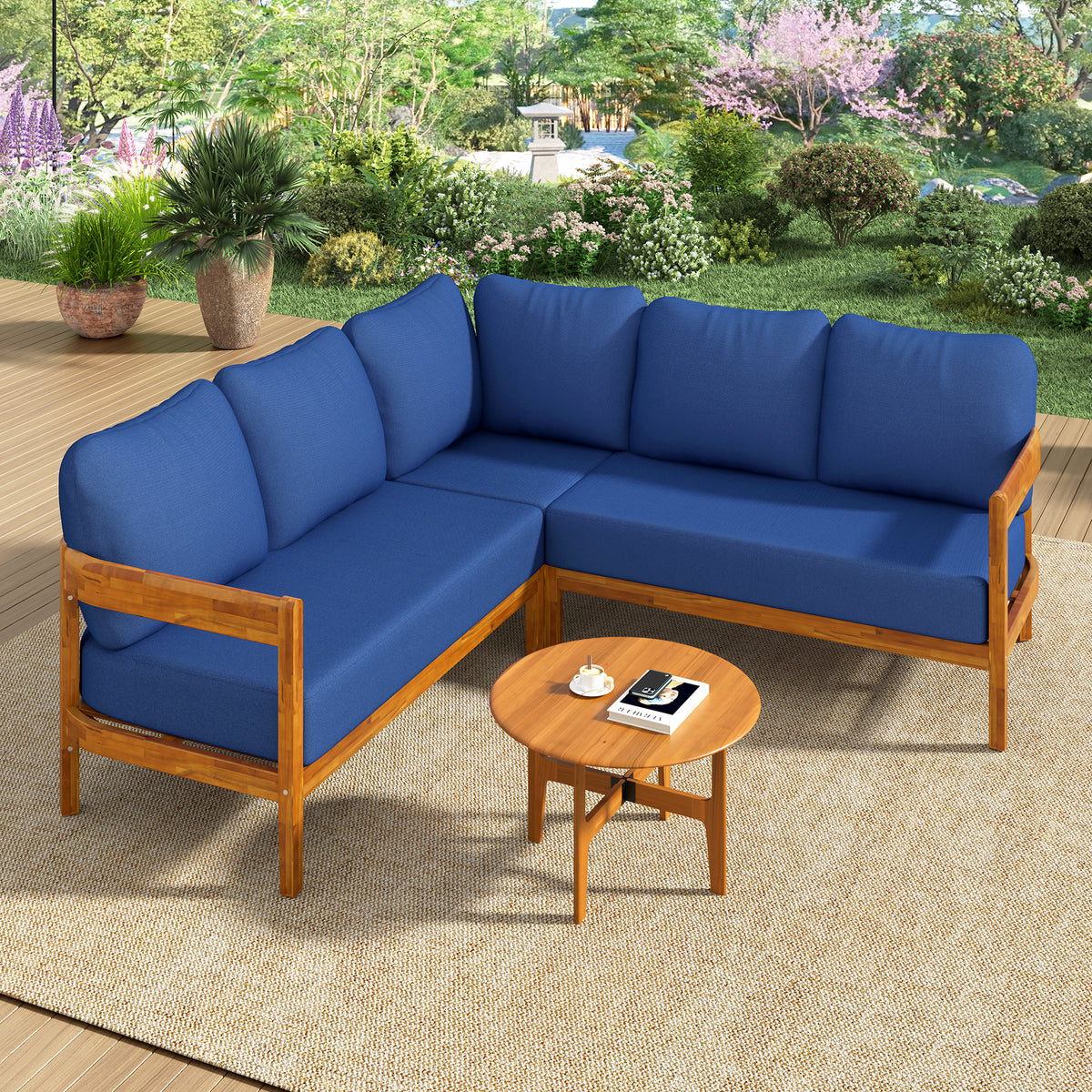 variant-group:rf-n711wy000481aac|Roomfitters Modern Coastal Blue Solid Acacia Wood L-Shaped Outdoor Patio Sectional Sofa Conversation Seating Set