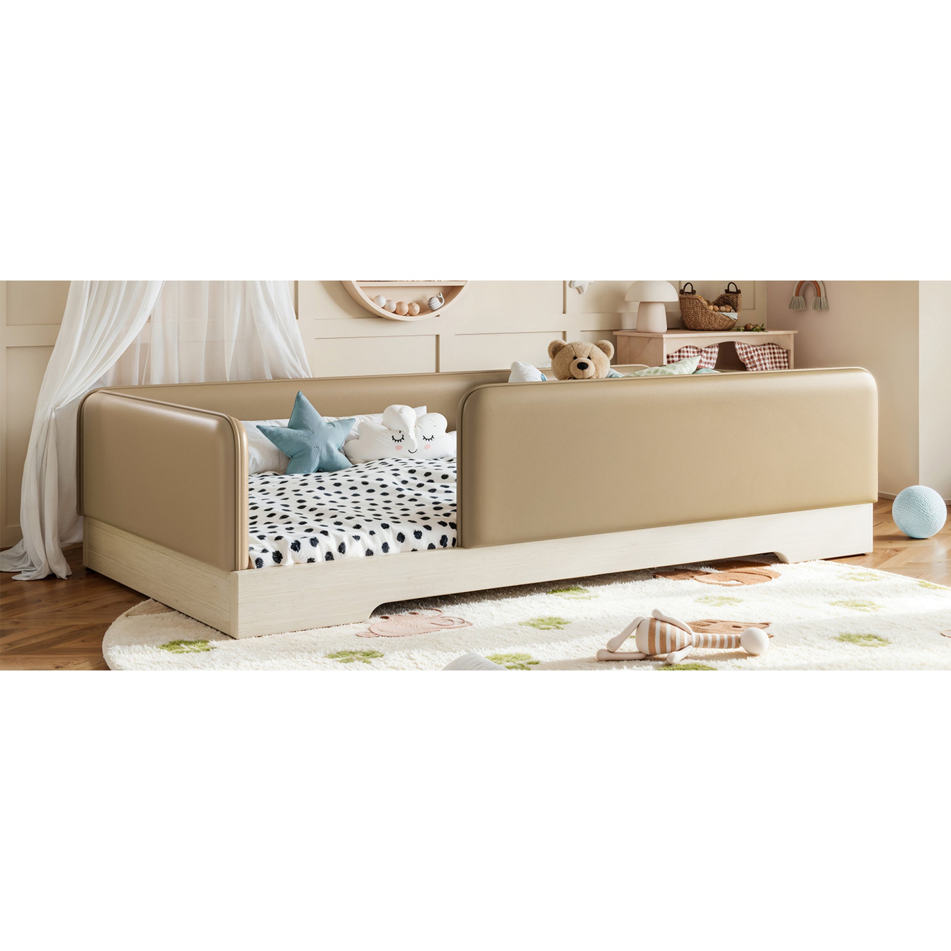 variant-group:rf-w1580p493126|Roomfitters Twin Size Upholstered Floor Bed Frame with Removable Guardrails, Faux Leather Low Profile Platform, Brown