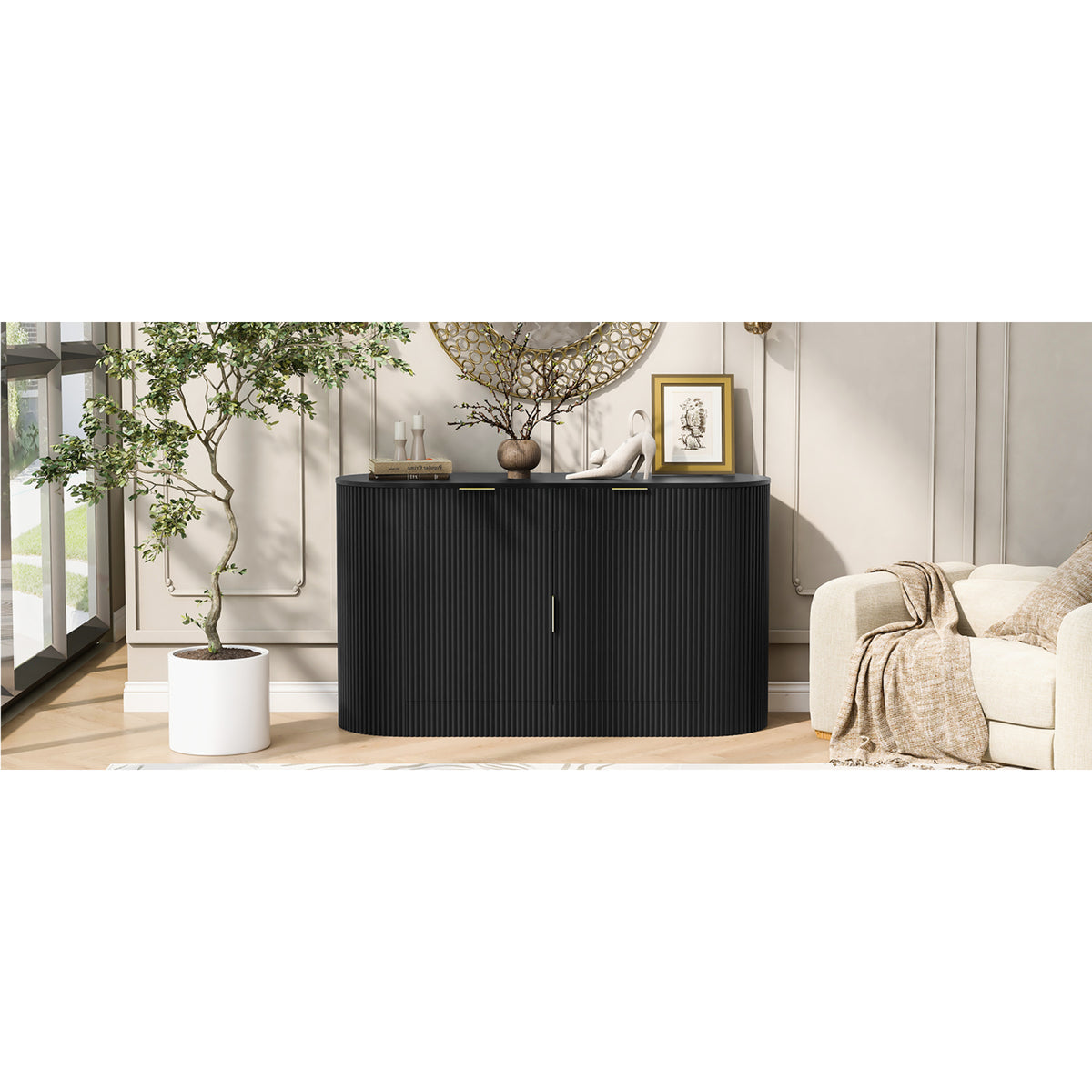variant-group:rf-n711p345168b|Roomfitters 55.1" Oval Sideboard Buffet Cabinet with 2 Drawers & Wine Rack, Mid-century Modern Fluted Accent for Dining, Black