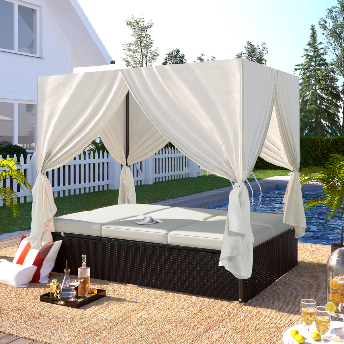 variant-group:rf-n711wy000476aak|Roomfitters Luxury Cabana Beige Outdoor Double Chaise Lounge Patio Daybed, Privacy Curtains, Adjustable Reclining