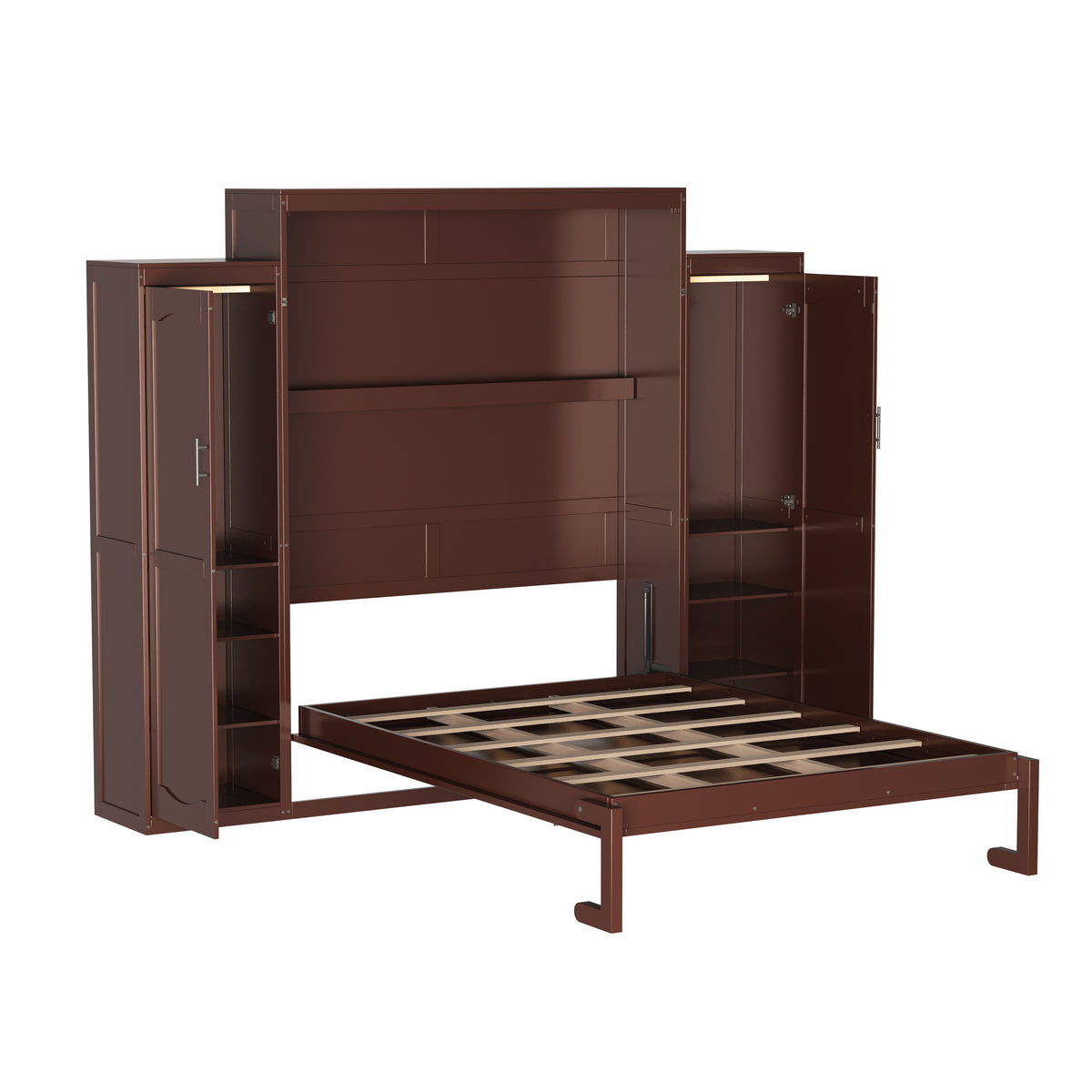 variant-group:rf-n733s235627d|Roomfitters Queen Murphy Wall Bed with Two Wardrobes and Storage Shelf, Foldable Platform Bed Frame for Guest Room, Walnut