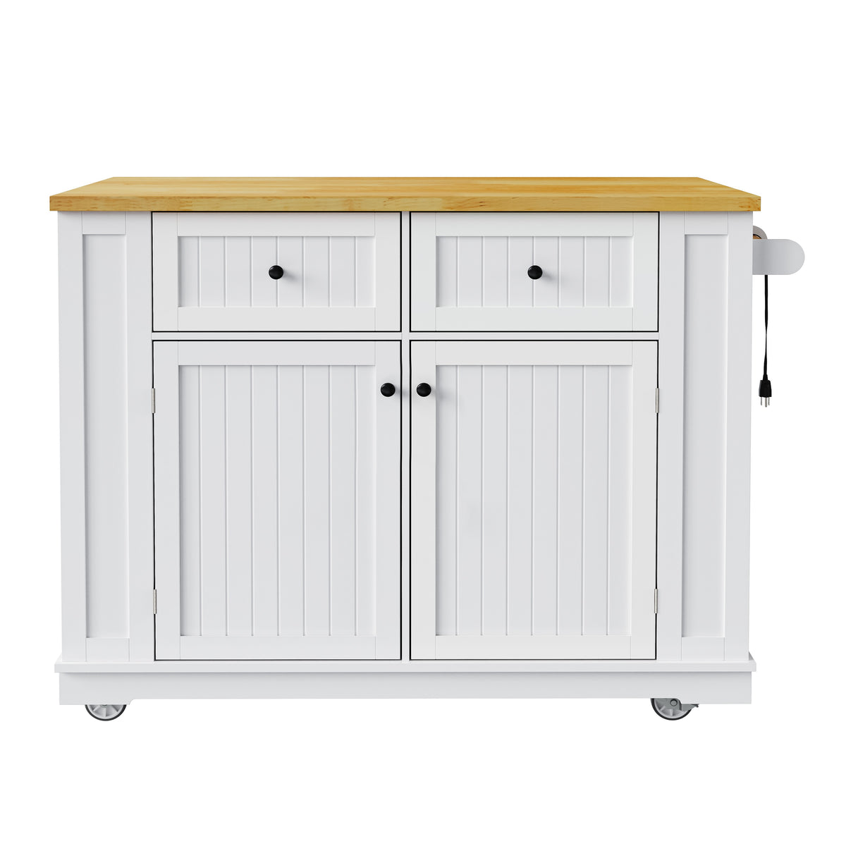 variant-group:rf-n707s257057w|Roomfitters 48" Kitchen Island with Power Outlet and Drop Leaf, Rolling Storage Cabinet with Wood Top and Spice Rack, White