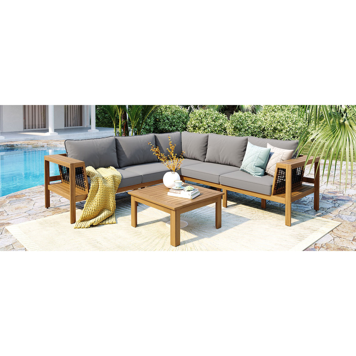 variant-group:rf-n704f201249e|Roomfitters 4-Piece Outdoor Sectional Sofa Set with Coffee Table and Built-in Side Shelves, Wood Frame, Gray+Natural