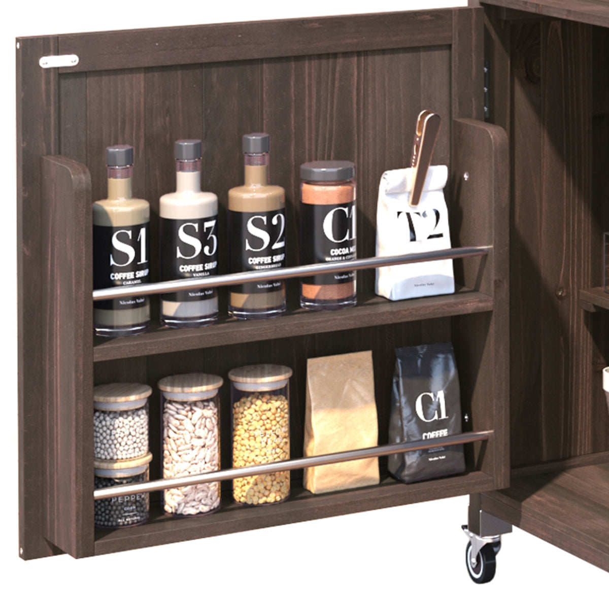 variant-group:rf-n707p250628z|Roomfitters 53.3" Outdoor Kitchen Island with Raised Shelf, Wood Storage Cabinet, Stainless Steel Top, Rolling Grill Cart, Brown