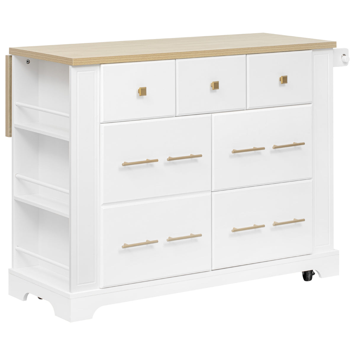 variant-group:rf-n707s307292w|Roomfitters 51" Kitchen Island with Power Outlet and Drop Leaf, Rolling Cabinet with Pull-Out Trash Can Drawer, White