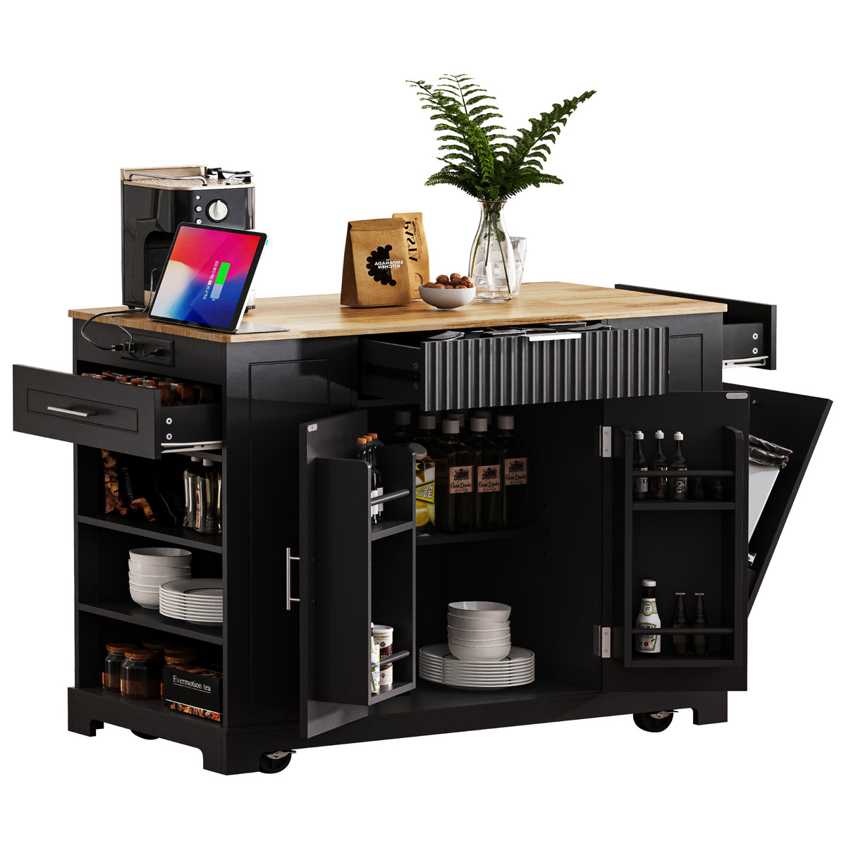 variant-group:rf-n707s221571b|Roomfitters Kitchen Island with Tilt Out Trash Can and Power Outlet, Fluted Storage Cabinet on Wheels, Black