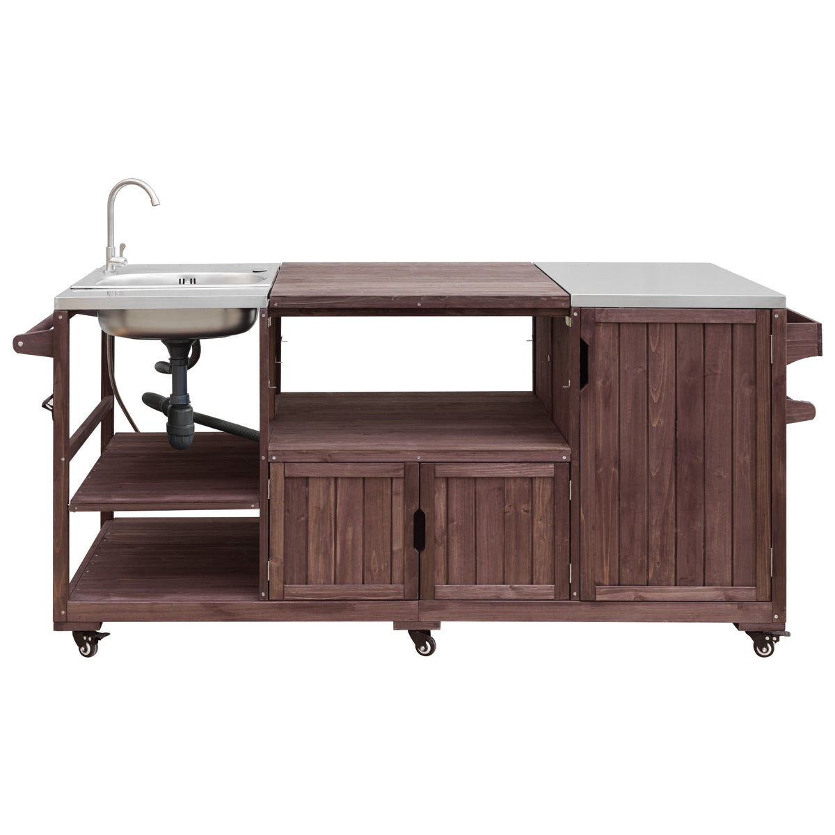 variant-group:rf-n707s000022z|Roomfitters 75.4" Outdoor Kitchen Island with Sink, Fir Wood Grill Cart for XL Green Egg & Tabletop Grills, Brown