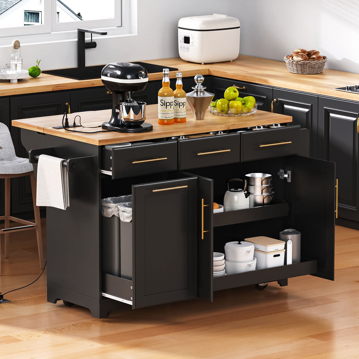 variant-group:rf-n707s299014b|Roomfitters 59.3" Kitchen Island with Power Outlet, Drop Leaf and Double Trash Can Pull Out, Rolling Cart, Black