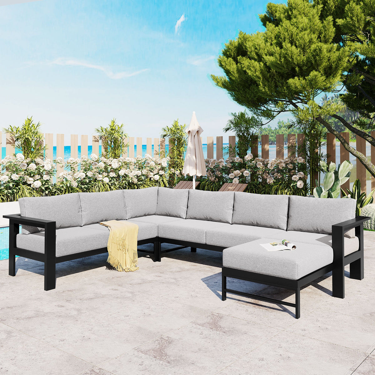 Roomfitters Modern U-Shaped Outdoor Sectional Sofa Set, 5-6 Seat Patio Conversation, Grey Cushions, Iron Frame Pit Roomfitters