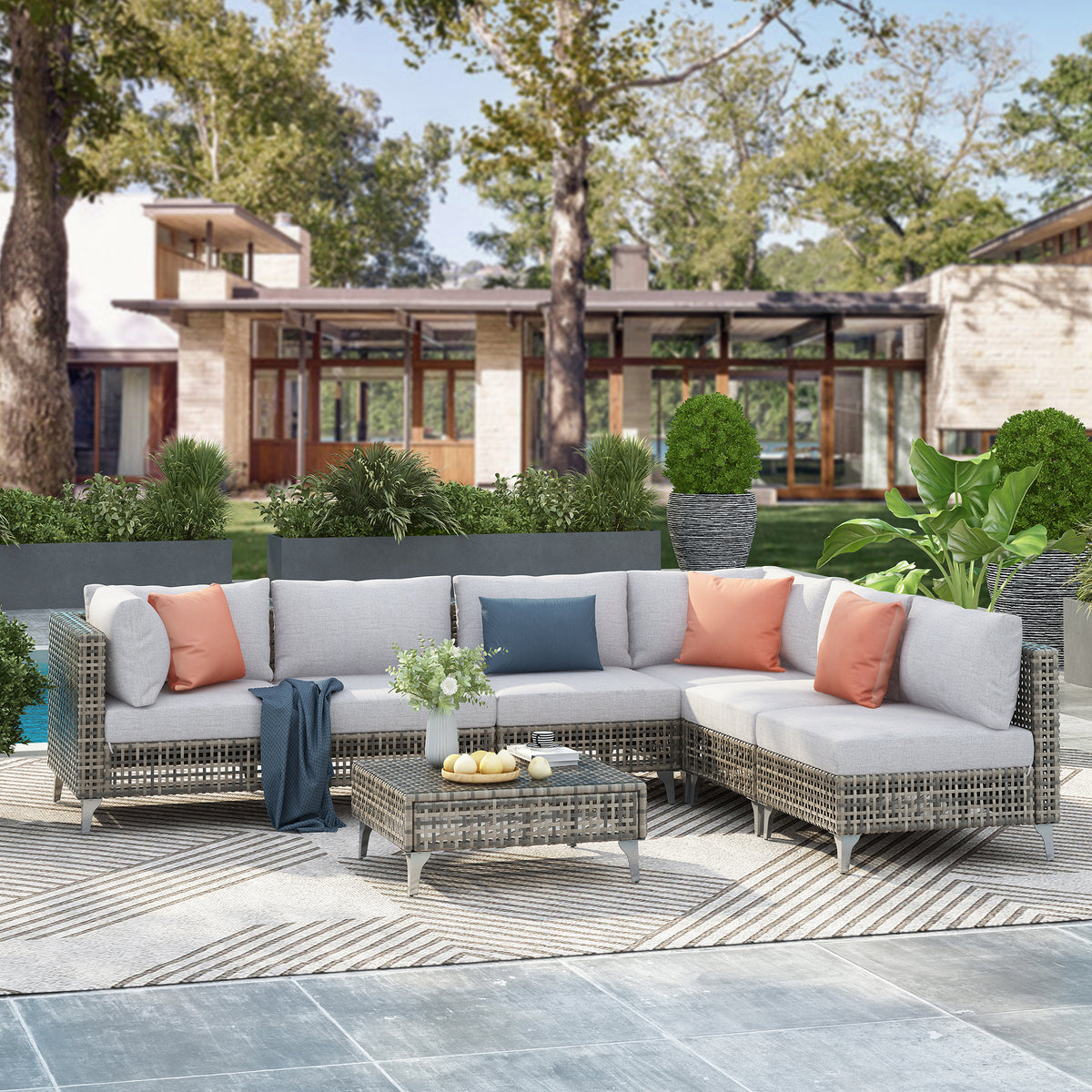variant-group:rf-n707s000011g|Roomfitters 7-Piece Wicker Patio Furniture Set, Outdoor Sectional Sofa with Water-Resistant Cushions, Table, Grey