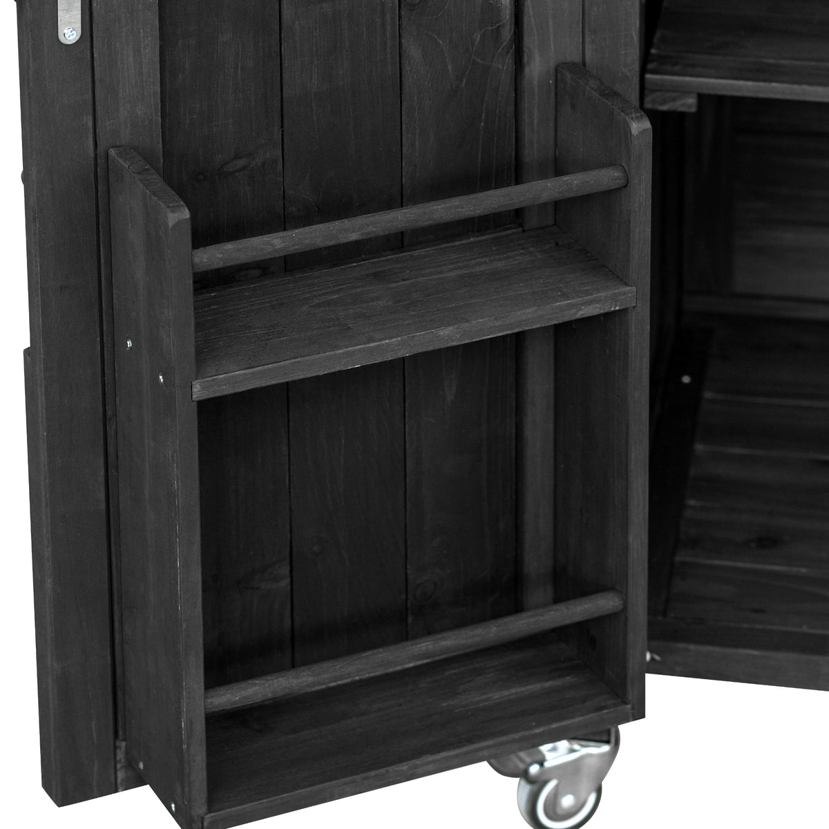 Roomfitters Outdoor Kitchen Island, Rolling Bar Cart with Storage Cabinet, Wood Grill Table, Stainless Steel Top, Spice Rack, Black