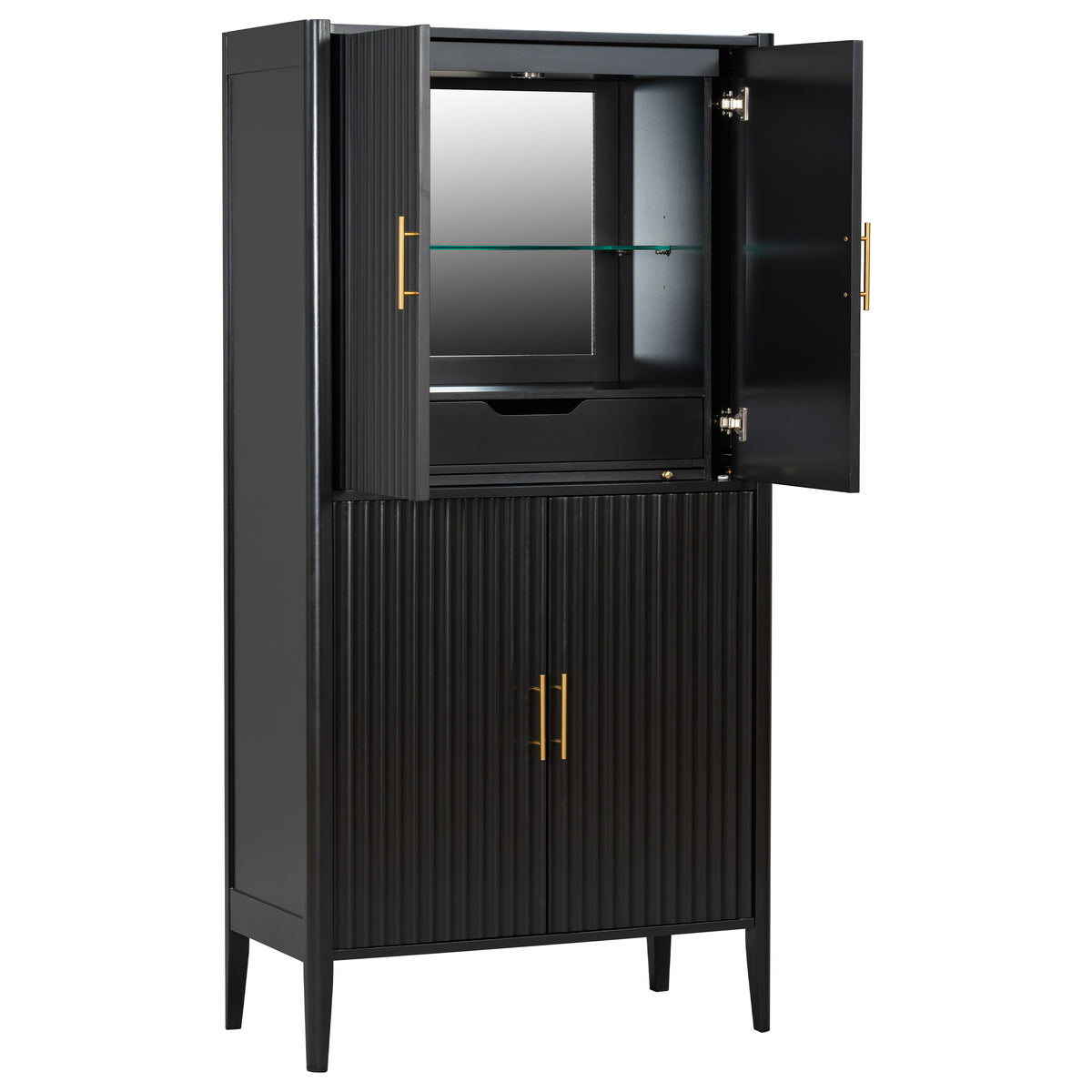 variant-group:rf-n711wy000539aab|Roomfitters Modern Black Fluted 4-Door Tall Wine Bar Storage Cabinet, Glass Display Rack, Built-In LED Lighting