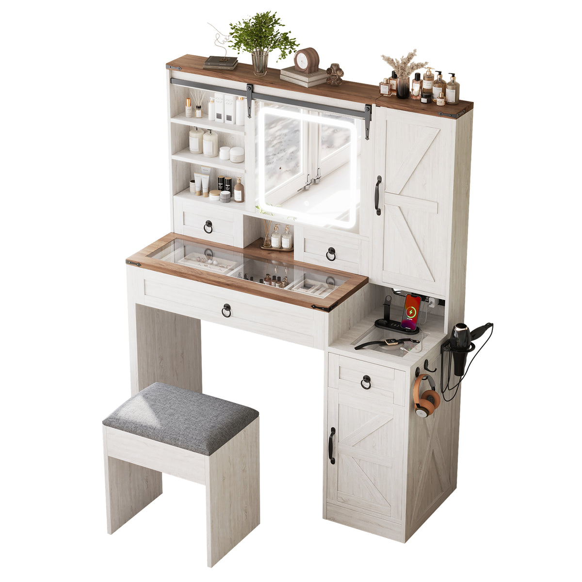 variant-group:rf-n733p340562k|Roomfitters Farmhouse Vanity Desk with Sliding Mirror & Lights, Glass Top, Charging Station, 4 Drawers, 2 Cabinets, Stool, White