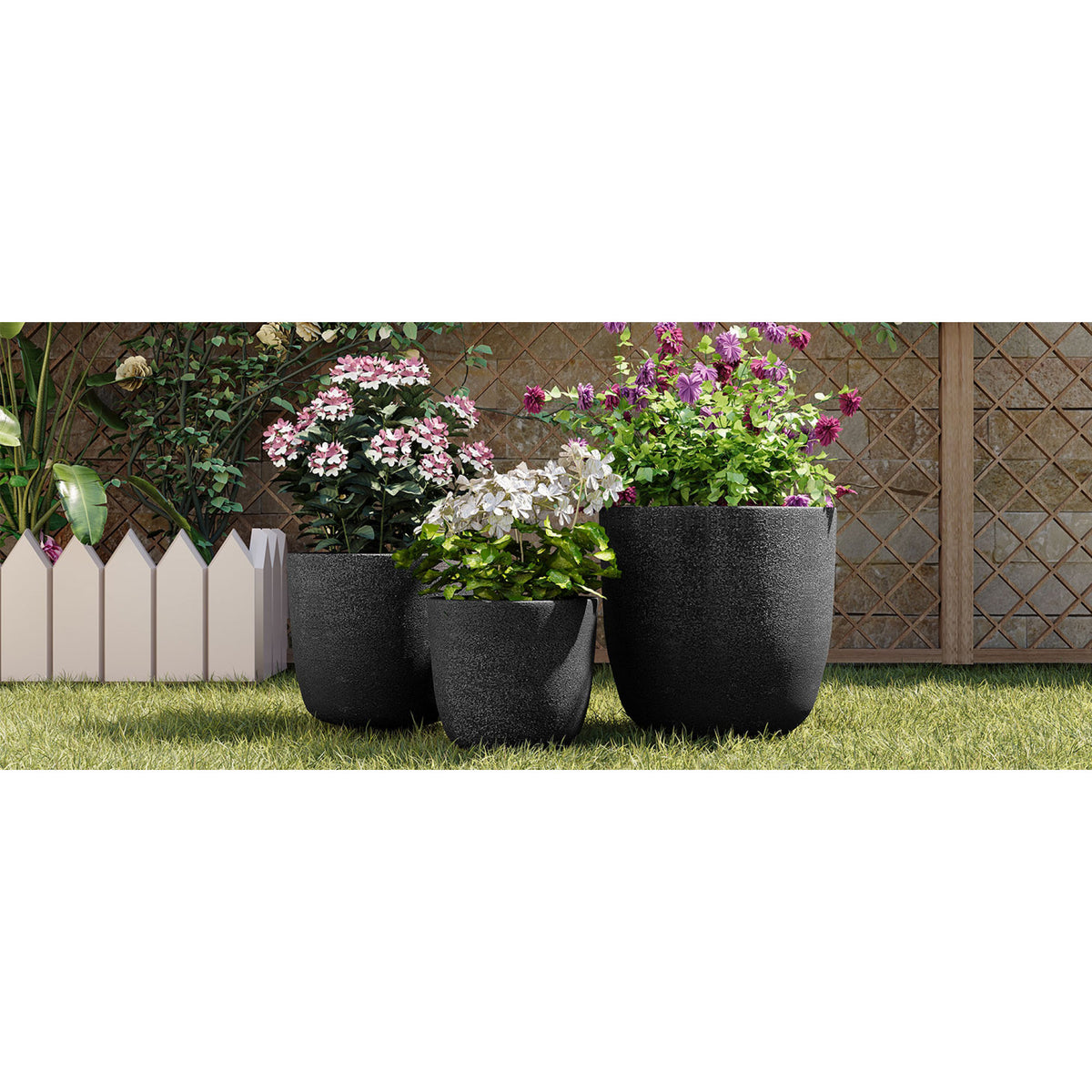 variant-group:rf-n711p406670b|Roomfitters Lightweight Matte Textured MGO Planter Set, 3-Piece Graduated Flower Pots, Black Concrete-Look Stackable