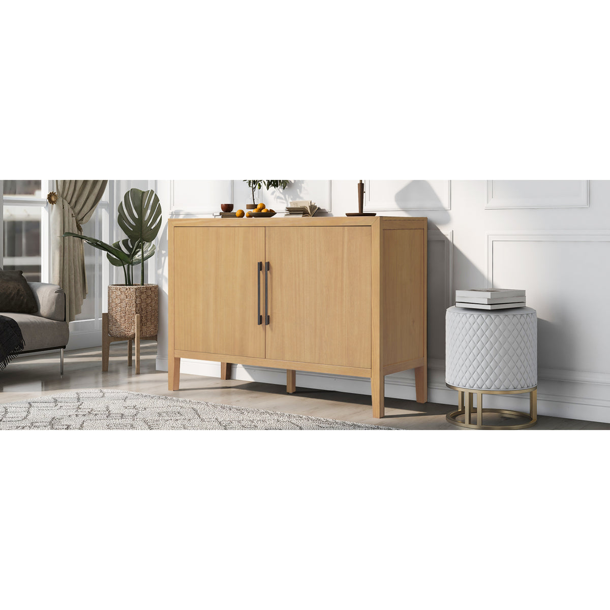 variant-group:rf-n711p410389o|Roomfitters 47.25-Inch Farmhouse Sideboard, 2-Door Buffet Cabinet, Natural Wooden Storage Console, Metal Handles