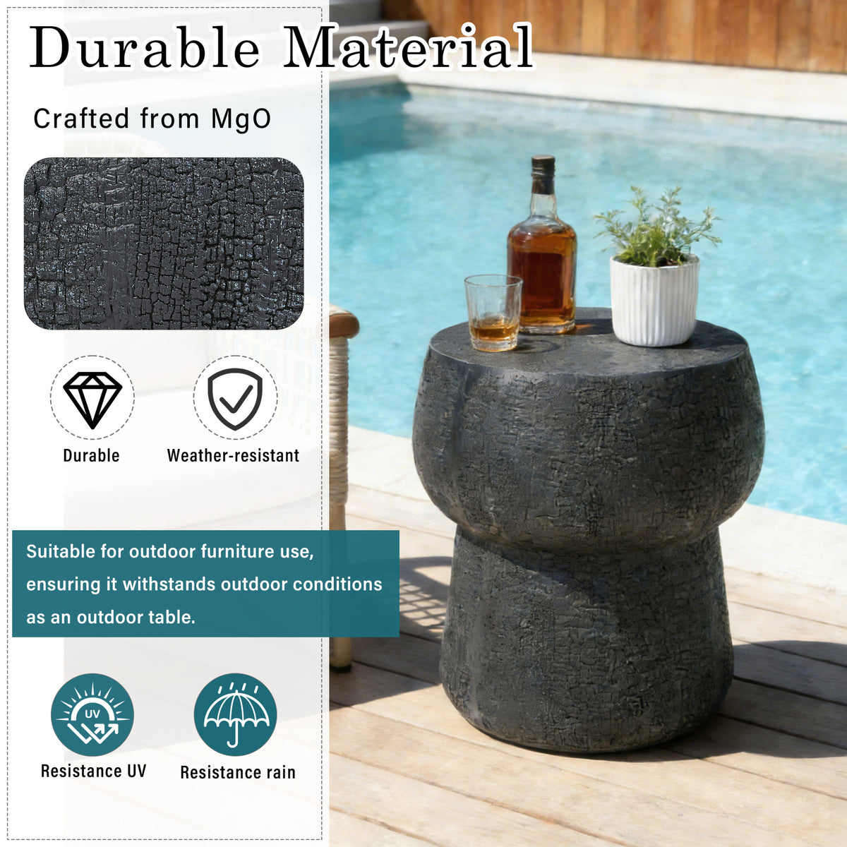 variant-group:rf-n711p422075b|Roomfitters Modern Black Double Barrel Patio Side Table, Distressed Concrete Coffee Table, MgO Garden Stool