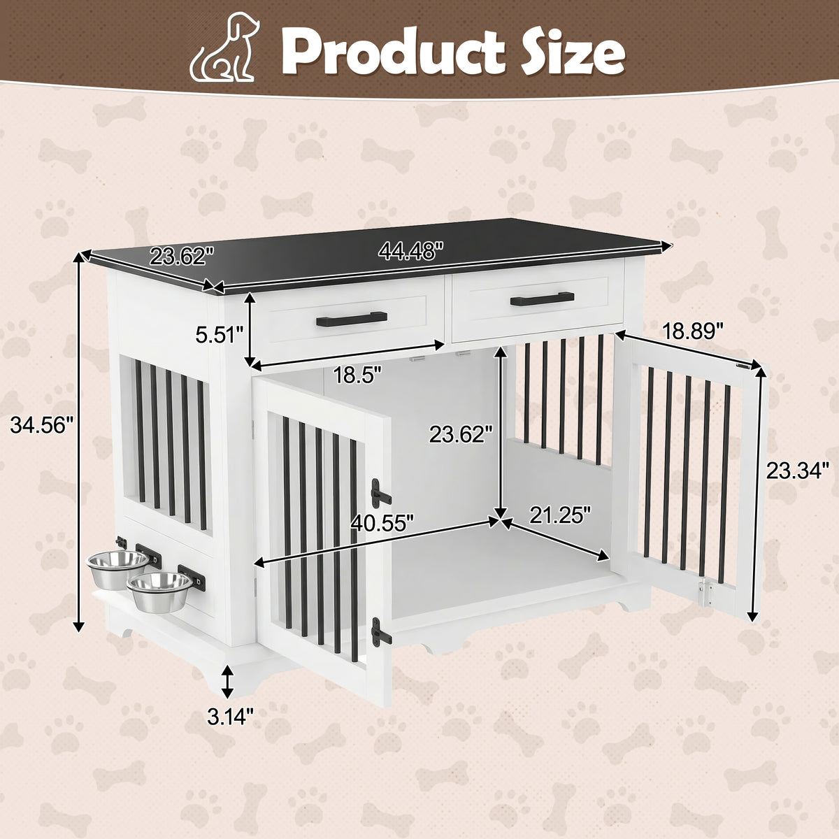 variant-group:rf-n704p379112k|Roomfitters 44-Inch Decorative Dog Crate Furniture Indoor Wooden Kennel End Table with 360 Rotating Bowls White and Black