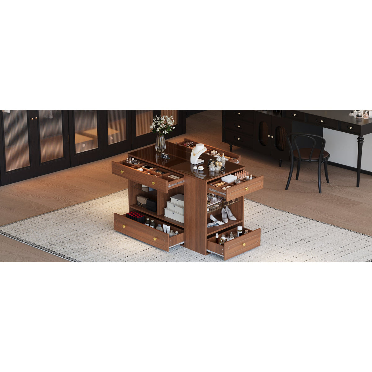 Roomfitters Closet Island with 6 Drawers, Glass Display Top and Open Shelves, Wardrobe Storage and Jewelry Vanity, Walnut