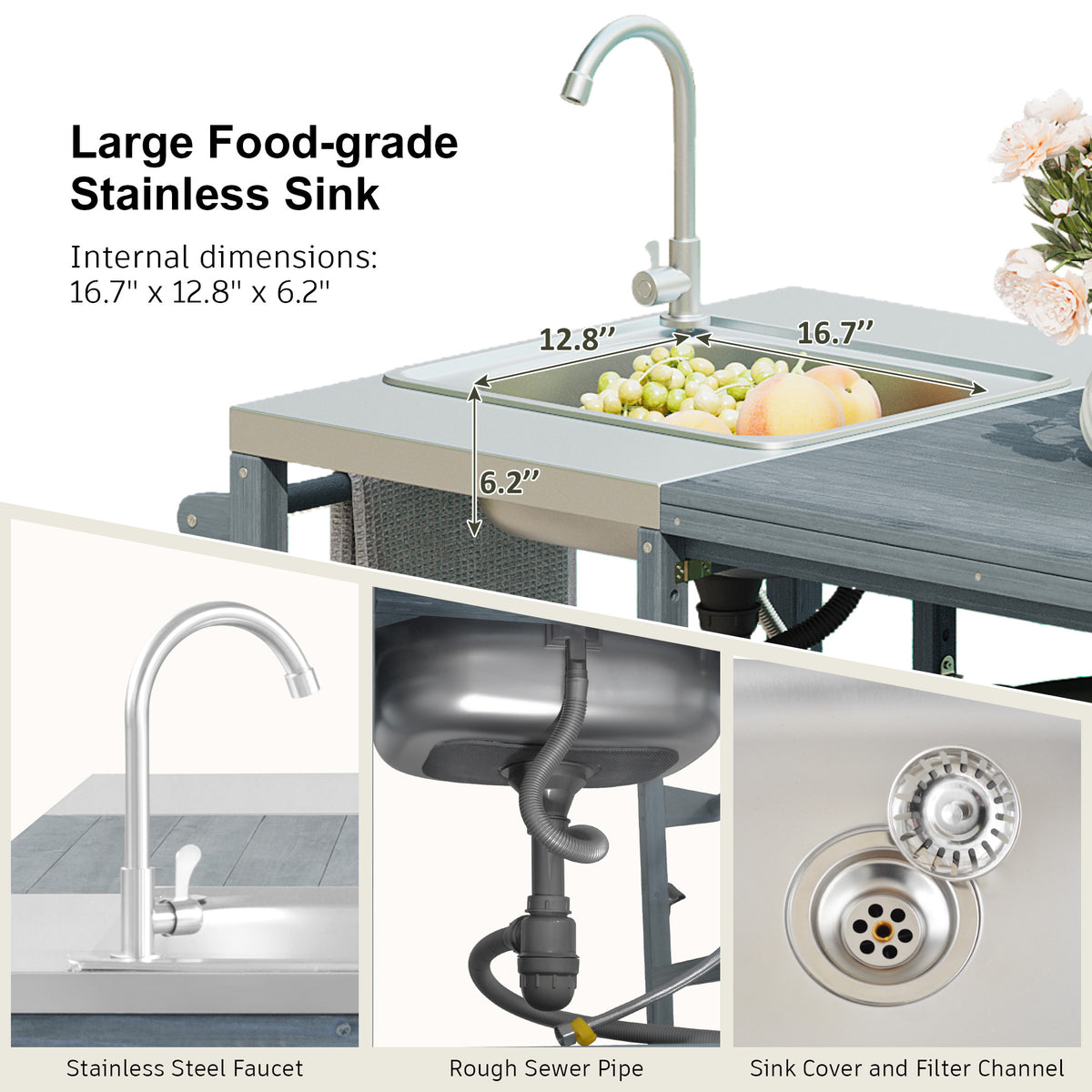 variant-group:rf-n707s000022g|Roomfitters 75.4" Outdoor Kitchen Island with Sink, Fir Wood Grill Cart for XL Green Egg & Tabletop Grills, Grey Blue