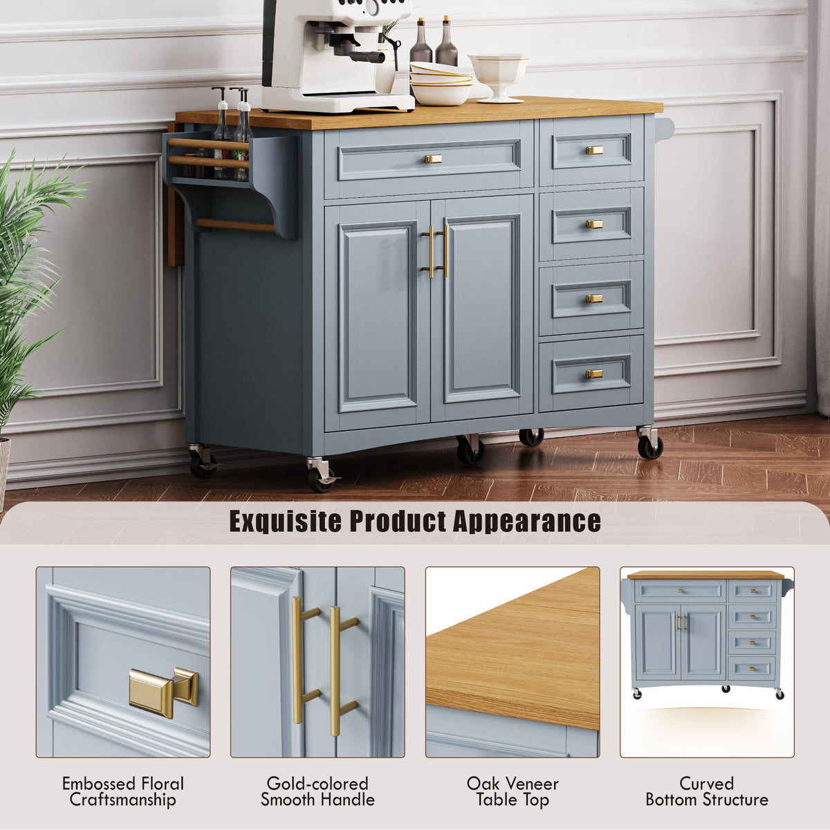 Roomfitters 52" Kitchen Island with Wood Top, 5 Storage Drawers and Cabinet, Mobile Cart with Gold Hardware, Blue-Grey