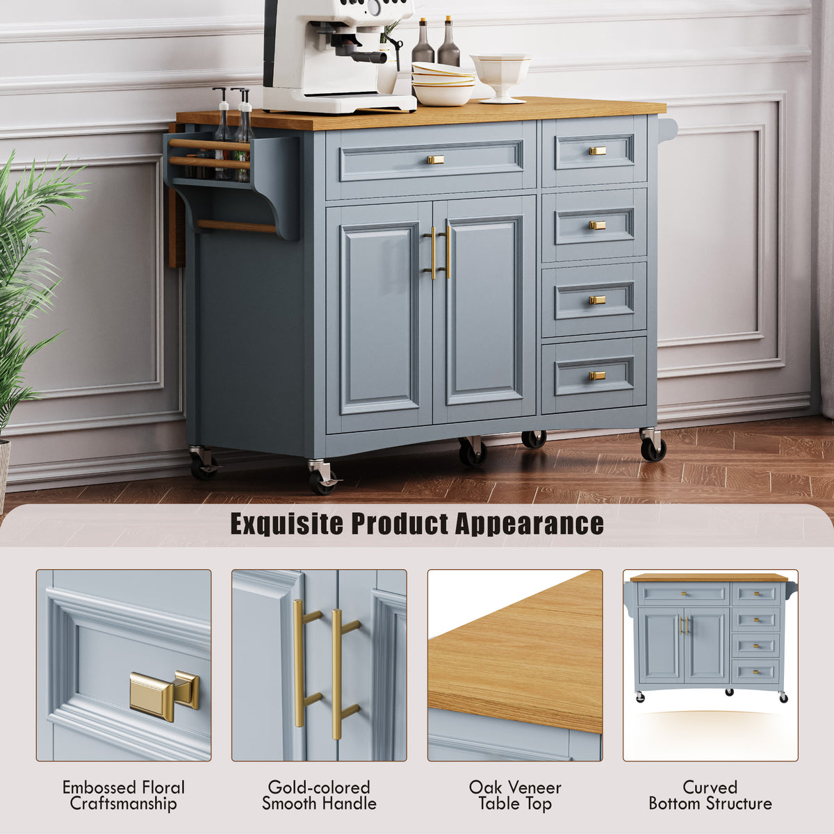variant-group:rf-n707p195393g|Roomfitters 52" Kitchen Island with Drop Leaf, Rolling Kitchen Cart with Storage Cabinet, Spice Rack, Towel Rack, Adjustable Shelf, Blue Grey